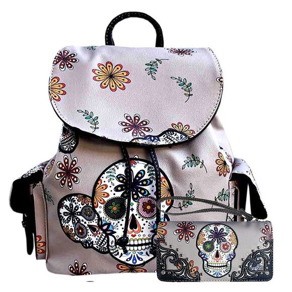 Gray Concealed Sugar Skull Western Backpack Set - Picture 2 of 2